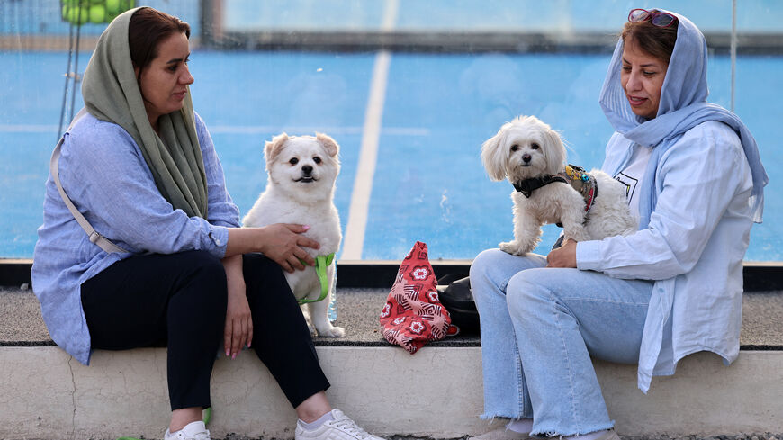 Iranians sit with their dogs in a park in Tehran on June 8, 2025. Iranian authorities have expanded a ban on walking dogs in public to multiple cities nationwide, citing public health, social order and safety concerns, domestic media reported on June 8. Owning and walking dogs has been a contentious topic since the 1979 Islamic revolution in Iran, though there is no law outrightly banning dog ownership. (Photo by ATTA KENARE / AFP) (Photo by ATTA KENARE/AFP via Getty Images)